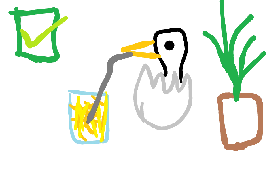 Un pajarito-huevo se bebe su limonada al lado de una planta. Check